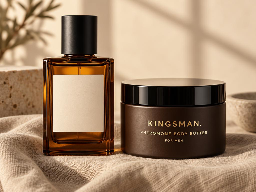 One full cologne bottle beside a jar of Kingsman Pheromone Body Butter