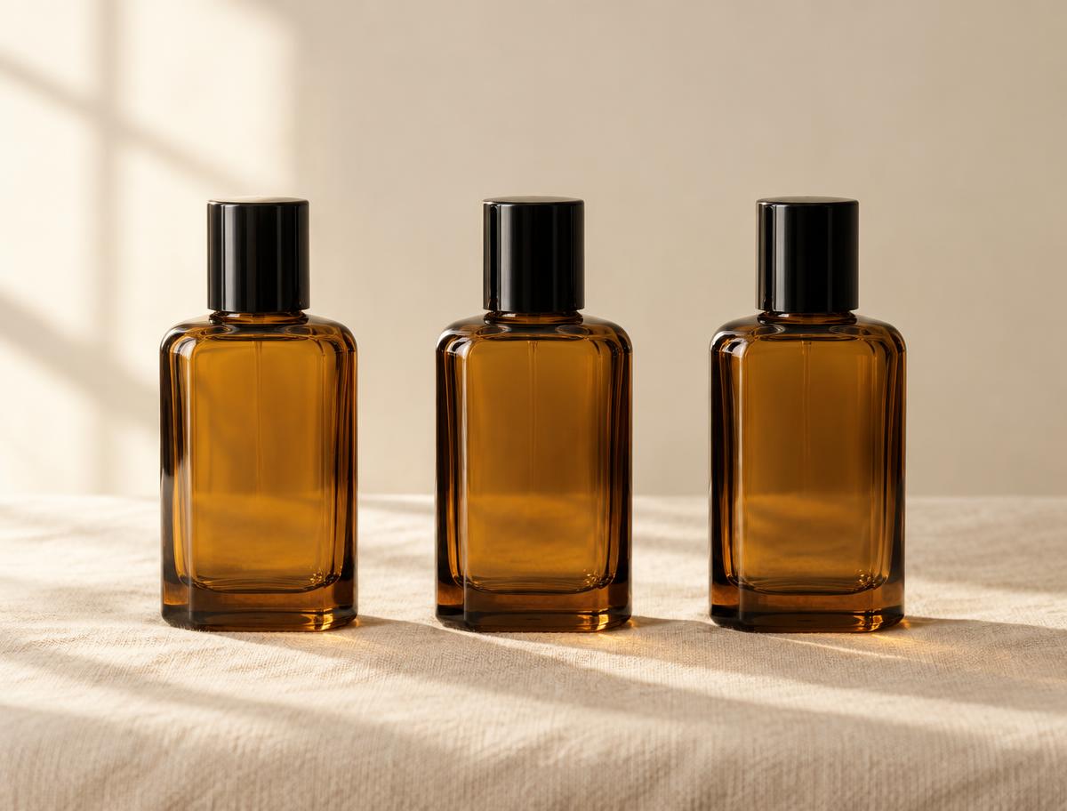 Three nearly empty cologne bottles in a row