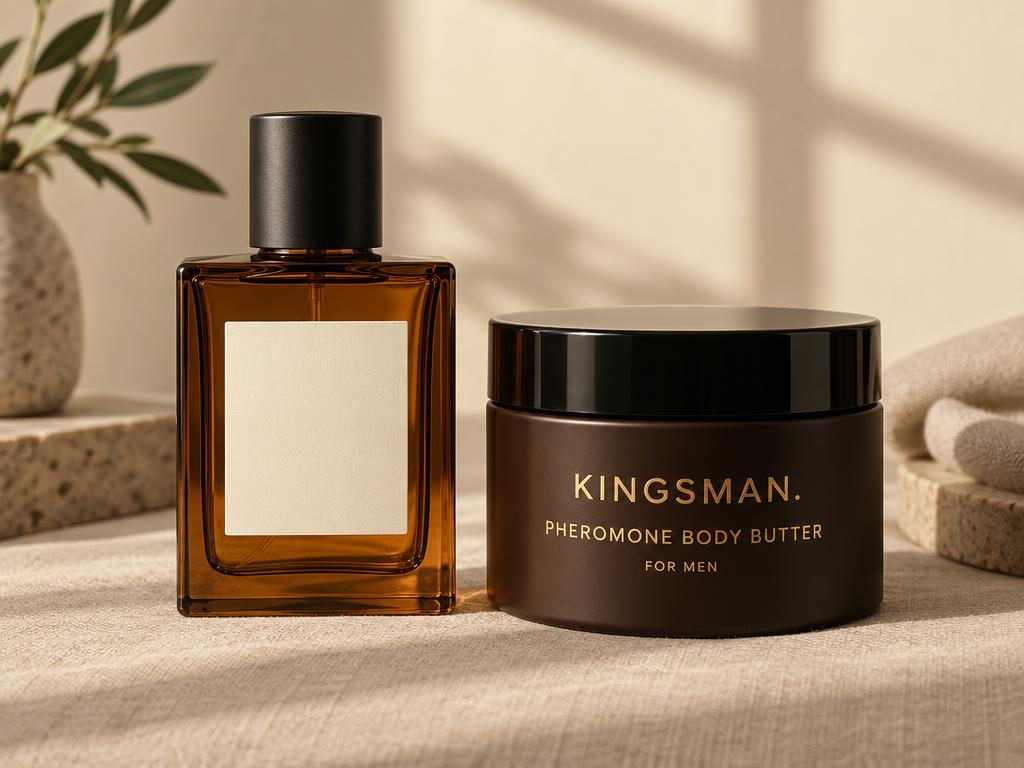 A cologne bottle beside a jar of Kingsman Pheromone Body Butter